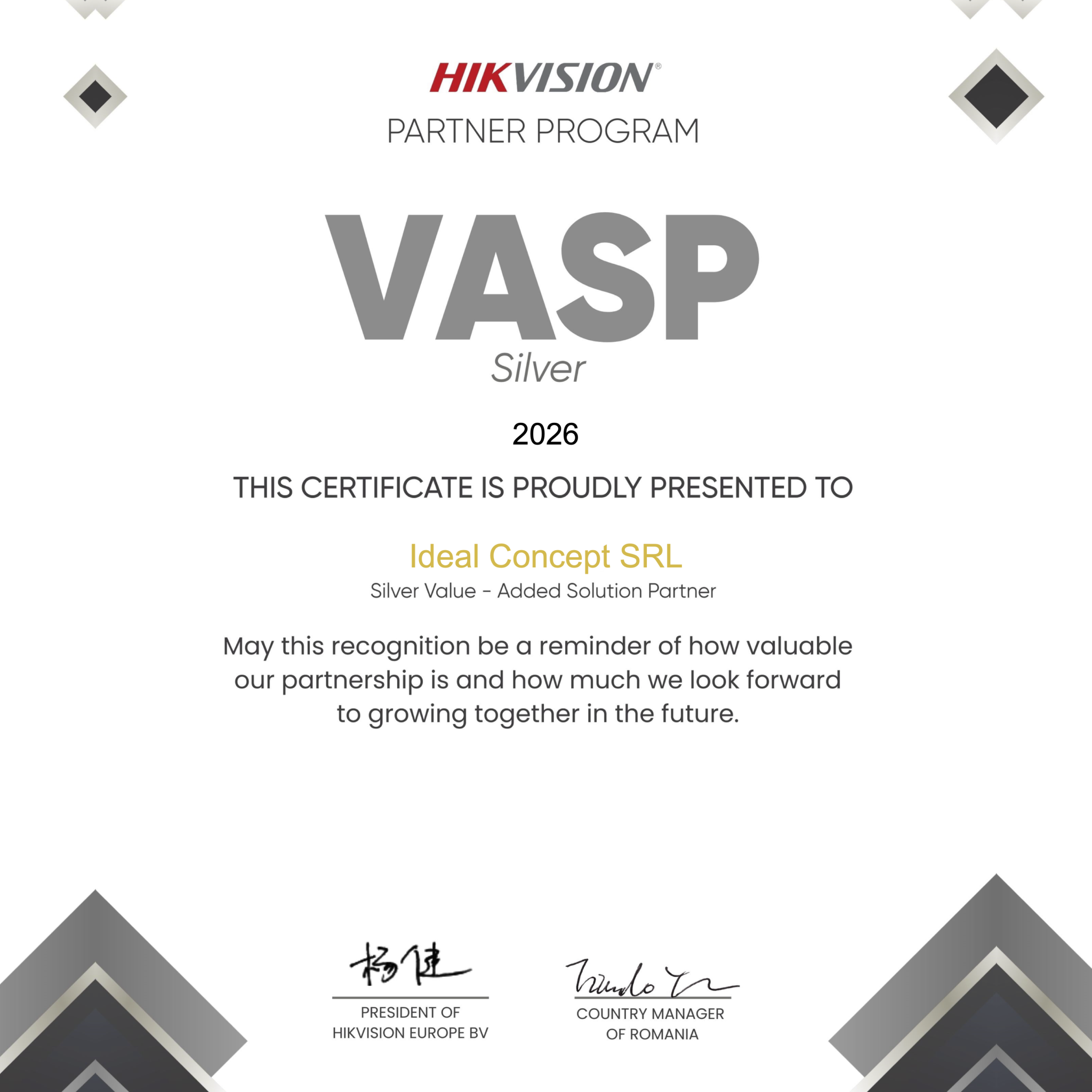 Ideal Concept obține statutul Hikvision VASP Silver Partner 2026